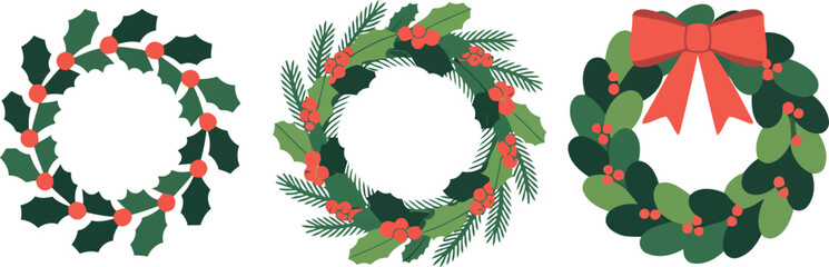 Three festive Christmas wreaths featuring holly, pine branches, and bright red berries on a clean white background