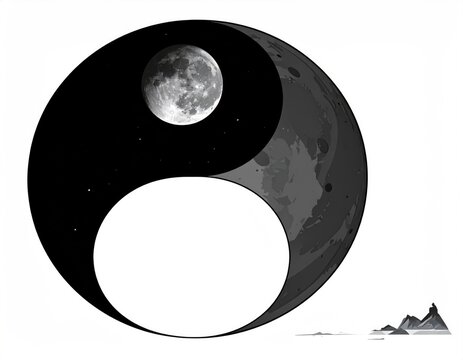 Yin yang symbol with moon, space, rocks. Simplicity