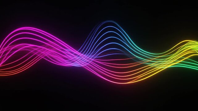 Colorful Flowing Waveforms on Black Background Transitioning from Pink to Orange in Sinusoidal Pattern