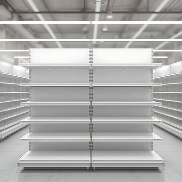 Image description of empty white retail display shelves, known as supermarket gondolas, that can also be used as bookstore racks.