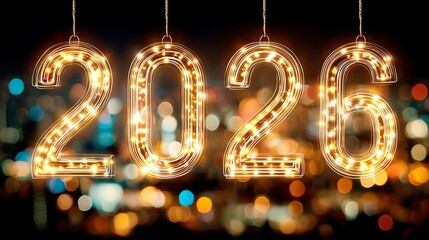 Brightly lit numbers 2026 Brightly lit numbers "2026" against a blurred background of colorful lights.