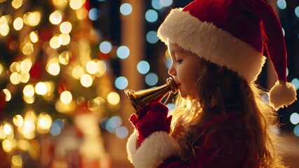 Adorable little girl in a red Santa suit blowing a small golden trumpet bell, surrounded by warm Christmas lights, signaling the start of the holiday celebration.
