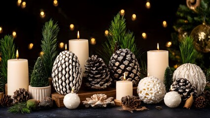 A cozy natural Christmas setting featuring textured candles, black and white painted pine cones, and fresh green pine boughs, illuminated by soft golden bokeh.