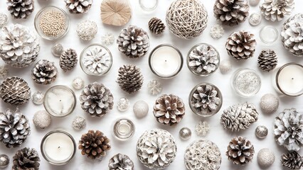 Detailed top-view holiday pattern of white candles, frosted pine cones and silver glitter ornaments on a bright minimalist background.