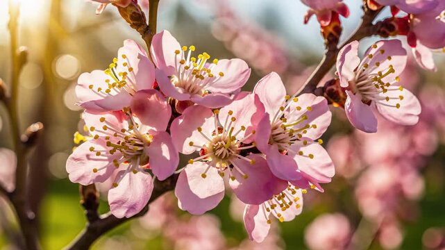 Time-lapse of pink spring flowers blooming on a tree branch. Macro view of peach or cherry blossoms opening in sunlight. Growth and new life concept