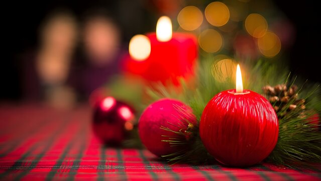 Close-up of a festive Christmas table setting featuring lit red candles and pine ornaments on a tartan plaid cloth with a blurred family enjoying dinner in the background.