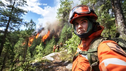 Portrait of a brave firefighter in a helmet and goggles with a serious expression, standing in a green forest with a wildfire raging in the background.