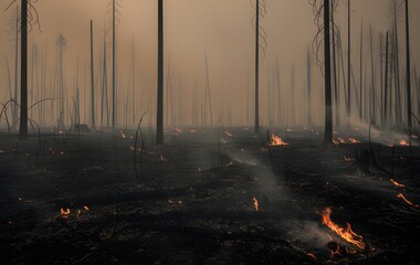 Eerie post-apocalyptic scene of a burned forest with standing dead trees, black ground and small fires glowing through heavy smoke and haze.