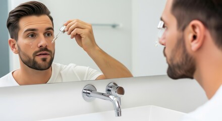 Handsome Man Applying Serum Dropper to Face. handsome man applying facial serum from a glass dropper onto his cheek. Represents men's grooming, skincare, self-care, hygiene, and masculinity.