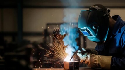 Industrial welder working in a factory with sparks and smoke. Professional worker welding metal with protective gear. Manufacturing concept - Powered by Adobe
