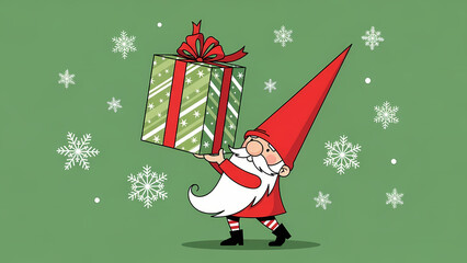 A cute cartoon gnome in a red hat and coat carrying a large green Christmas gift box with a red ribbon, set against a green background with falling snowflakes.