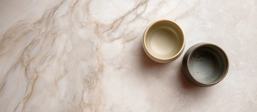 Two ceramic cups (light beige and dark gray with spots) on light beige marble texture backdrop, topview flatlay style, creating minimalist modern tableware composition with neutral tones.