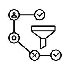Black and white line icon representing a process flow with a funnel for filtering, decision points, and successful outcomes