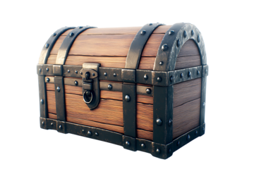 Antique wooden treasure chest with metal accents isolated on white background