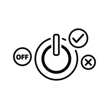 Black and white icon representing power switch with on, off, correct, and incorrect selection options isolated on