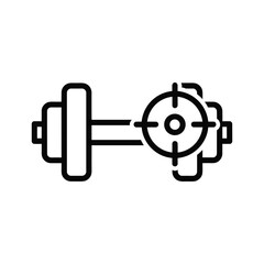 Simple black and white icon representing a dumbbell with a target scope overlay, symbolizing fitness goal achievement isolated on