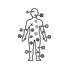 Human body outline with various medical symbols indicating health conditions, symptoms, diagnosis, treatment.