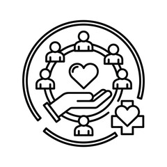 Community care network icon with helping hand and heart, symbolizing social health and support systems.