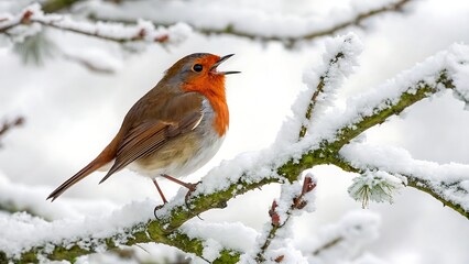 Singing robin perched on snowy branch cut out isolated on white with shadow. AI generated.