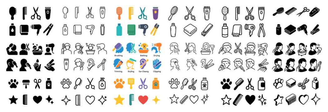 Haircare and grooming icon set for styling