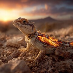 Obraz premium Desert lizard closeup against dramatic sky background in soft sunlight
