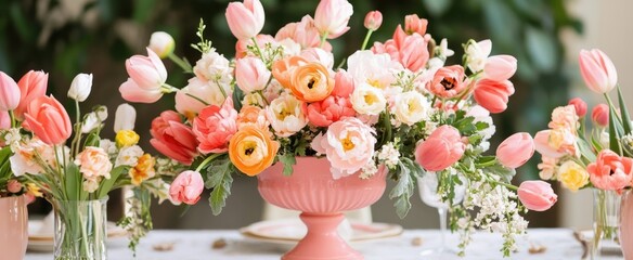 Obraz premium Exquisite Pastel Spring Floral Arrangement: Pink Tulips, Peach Ranunculus in Elegant Fluted Vase