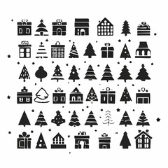 Fototapeta premium Christmas icons set. Black vector illustration of holiday symbols. Christmas tree, gift box, house, snowflake icons. Winter holiday decoration elements. Vector graphics for design.