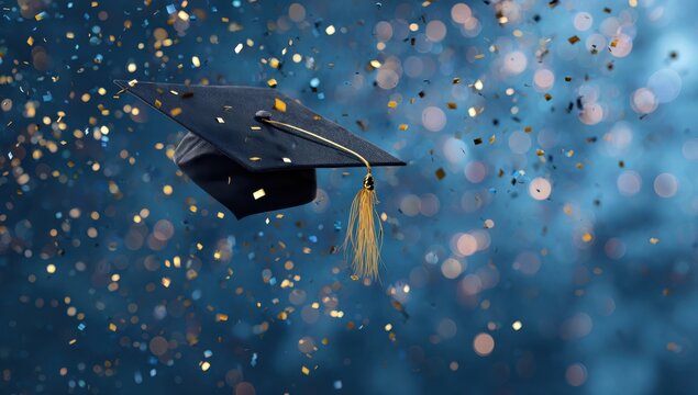 Academic Milestone: A graduation cap gracefully floats amidst a flurry of glittering confetti, symbolizing the culmination of years of hard work, dedication, and the dawn of a bright future.