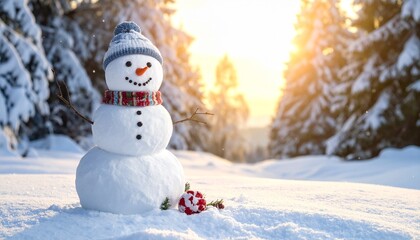 Cheerful snowman with top hat, striped scarf, carrot nose, and coal features standing in snowy landscape with red ornaments and sunlit winter trees—festive scene ideal for holiday visuals and seasonal