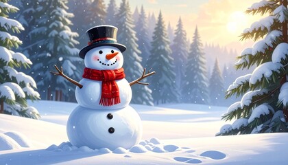 Cheerful snowman with top hat, striped scarf, carrot nose, and coal features standing in snowy landscape with red ornaments and sunlit winter trees—festive scene ideal for holiday visuals and seasonal