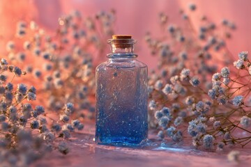 Enchanting Elixir: A glistening glass bottle containing a mesmerizing blue potion rests amidst delicate, pure white baby's breath flowers. The scene evokes a sense of fantasy and wonder.