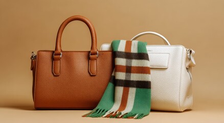 Elegant Accessory Display: Two stylish handbags of different colors are showcased alongside a matching scarf with a geometric pattern, creating a composition that reflects the elegance of fashion.