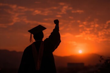 Silhouette of a Graduate: A graduate stands silhouetted against a radiant sunset, fist raised in a triumphant gesture of accomplishment and a bright future