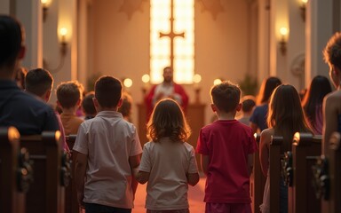 Children standing in church during a religious service. High quality