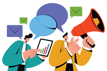 Professional businessmen executing a multi-channel digital marketing strategy, analyzing performance data on a tablet while making a promotional public announcement via a megaphone, demonstrating effe