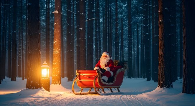 Santa Claus in a Sleigh Amidst a Snowy Forest with a Lantern, Celebrating Christmas Eve - Powered by Adobe