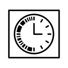 Simple black and white line icon of a clock face showing approximately three oclock, isolated on
