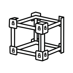 Line art icon of a three dimensional cube frame structure with corner connection blocks, isolated on