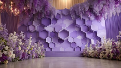 Purple wedding decorations: A captivating backdrop of lavender hues, featuring a geometric honeycomb design that creates a perfect wedding scene.