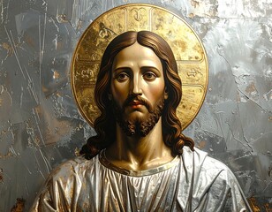 Obraz premium Portrait of a figure with a halo, bearded, serene expression, against textured metallic background