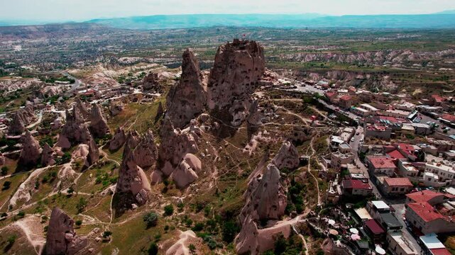 Aerial drone flying over uchisar castle in cappadocia turkey