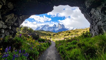 Mountain vista framed by a rocky cave, with colorful wildflowers lining the path