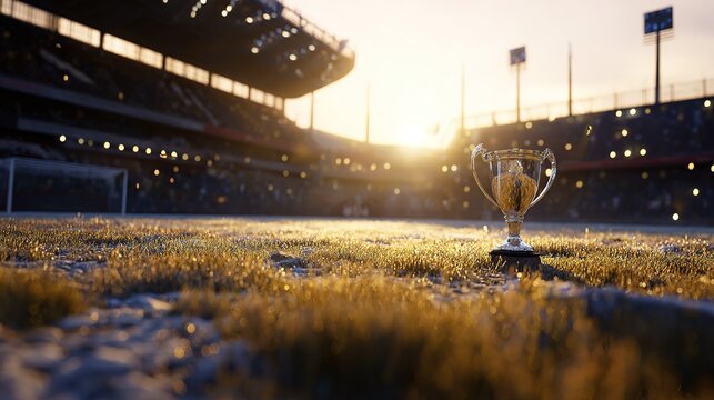 Versatile Dusk Soccer Field Scene with Central Trophy and Text Space on Left Side