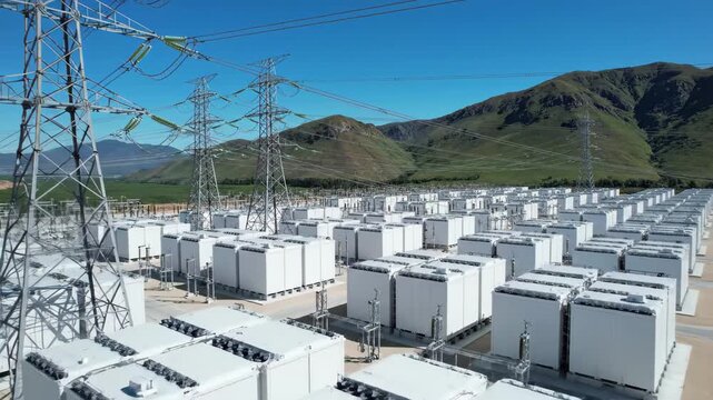 Largescale battery energy storage system with transmission towers against a mountainous landscape