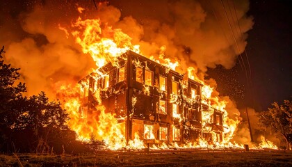 Multi-story building engulfed in a fiery blaze at night, with intense flames and smoke billowing upward