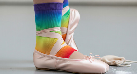 Dancer Wearing Ballet Pointe Shoes and Rainbow Pride Socks
Close-up shot of a dancer's feet wearing classic pink satin ballet pointe shoes, tightly secured with ribbons