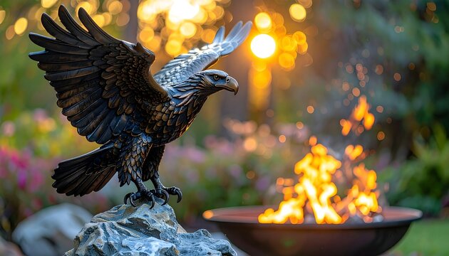 Metal eagle statue against sunset firepit, greenery