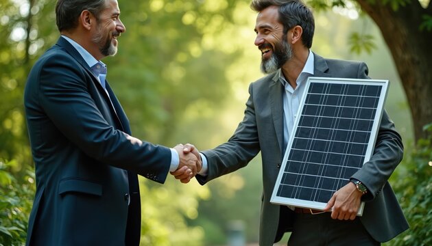 Two smiling business partners shake hands outdoors, surrounded by green nature. One man holds small solar panel. Finalize successful deal on renewable energy, promoting clean tech solution,