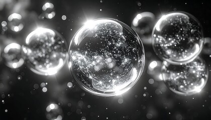 Fototapeta premium Monochrome image of floating, luminous orbs with sparkling, abstract interior texture, reflecting surrounding light