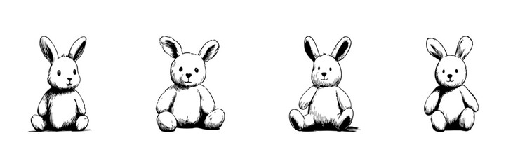 Obraz premium Cute Bunny Plush Toy Doodle Sketch Set. Adorable Stuffed Animal Illustrations In Hand Drawn Style Collection. Perfect For Children Decor And Toy Design. Isolated Vector Illustration